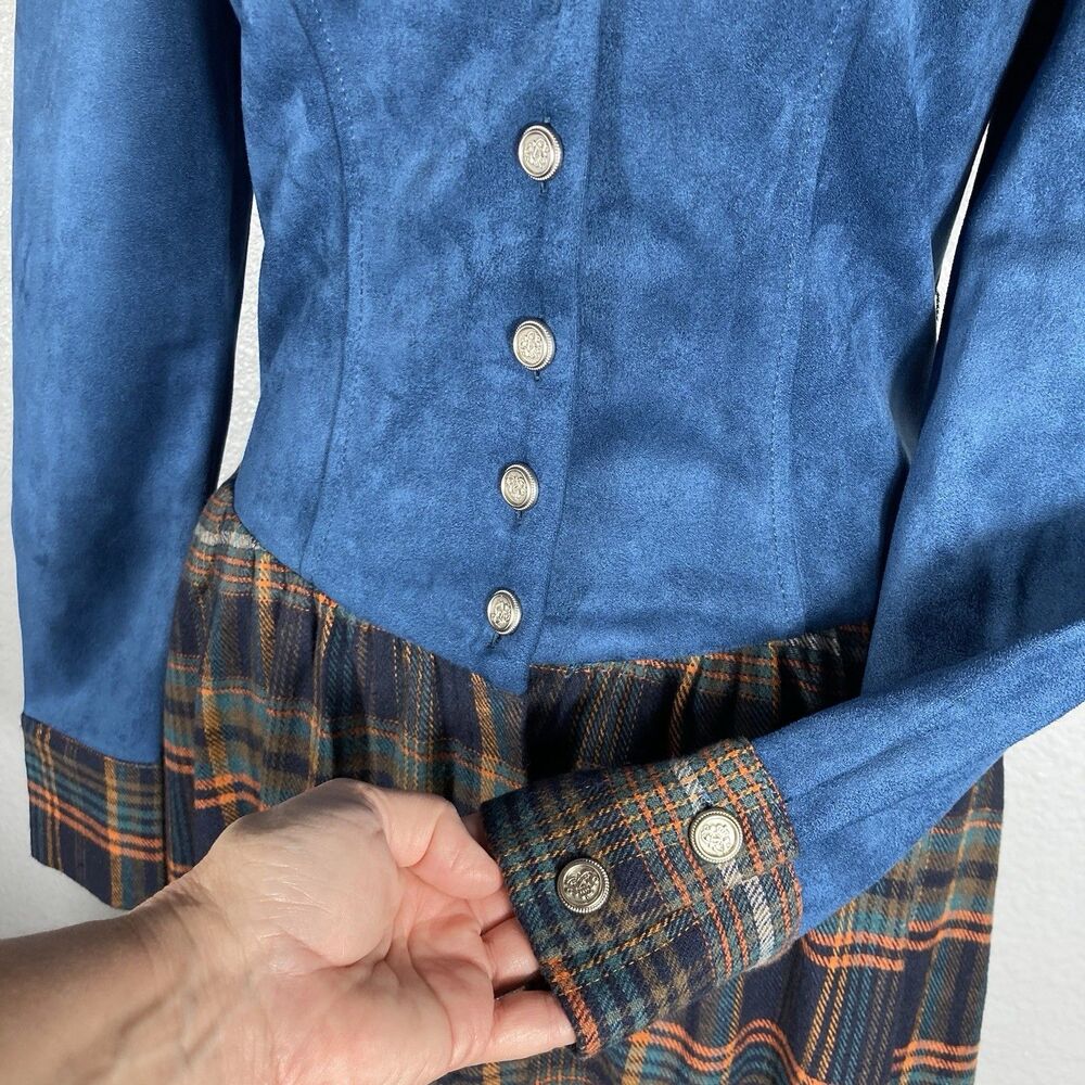 Womens Plaid Maxi Dress XS Faux Suede Pockets Western Prairie Retail $170 Oyrosy - Picture 7 of 16